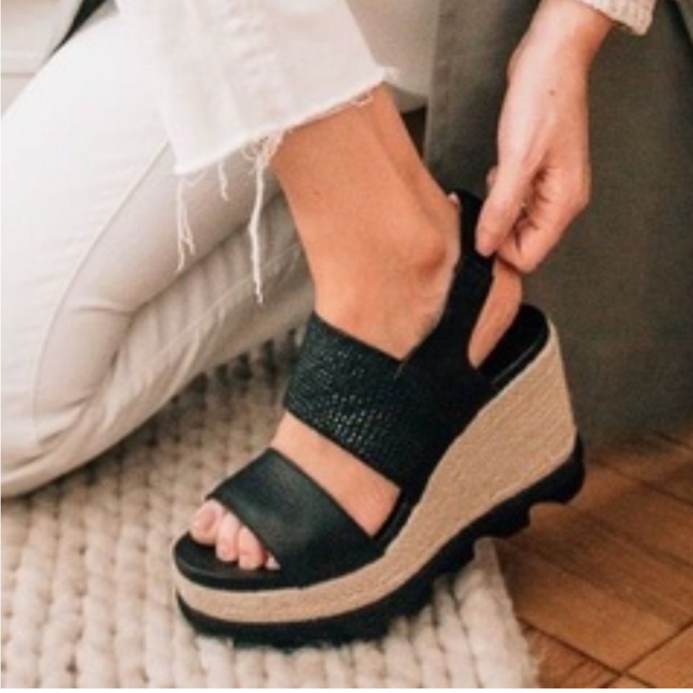 Sorel Joanie II Slingback Espadrille Wedge Sandals Black Leather SZ 7 - Picture 16 of 16